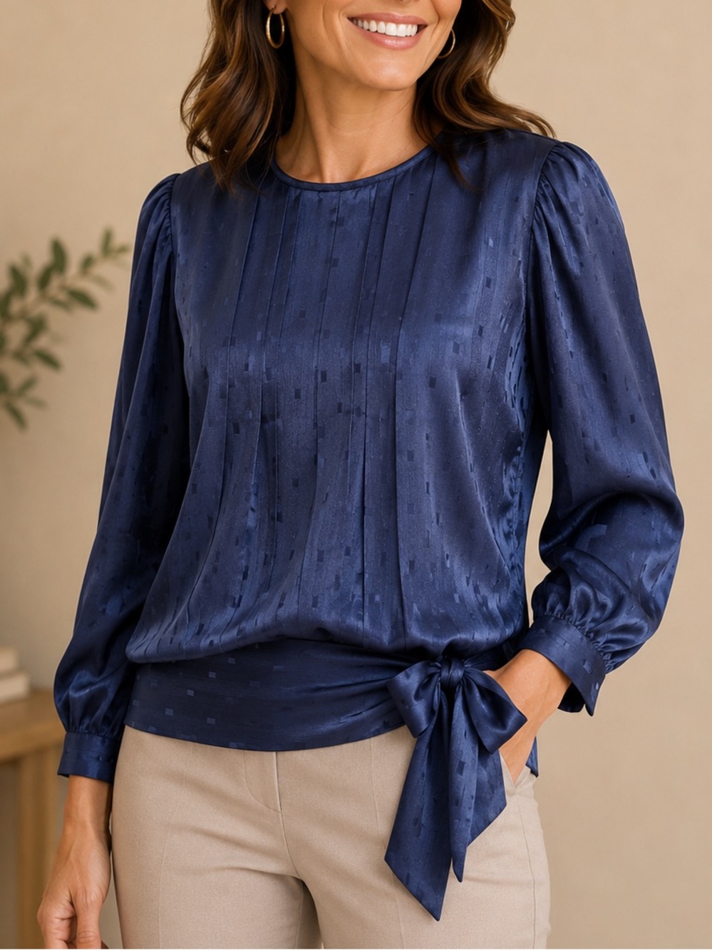 In The Modd Women’s Satin Tie-Hem Long-Sleeve Blouse - Navy